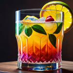 **A vibrant cocktail with layers of color, showcasing the interplay of alcohol and water, garnished with citrus.**