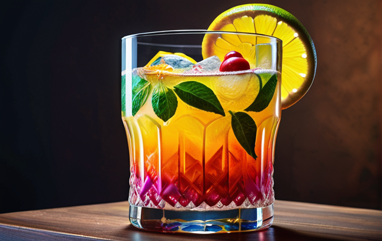 **A vibrant cocktail with layers of color, showcasing the interplay of alcohol and water, garnished with citrus.**