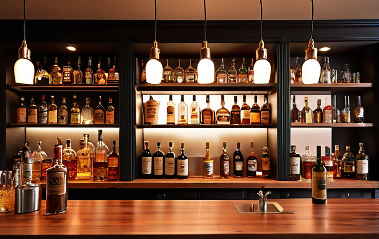 **

A cozy home bar illuminated with warm (2700-3000K) pendant lights hanging above a wooden bar top. Display a variety of liquor bottles and glassware on shelves with subtle, warm-toned indirect lighting. The overall aesthetic should be inviting and relaxed, perfect for winding down after work.

**