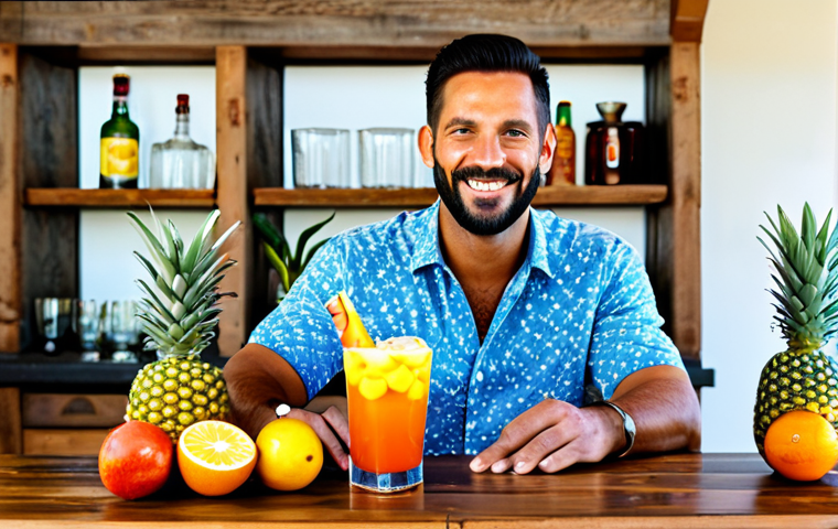 **

"A vibrant tropical punch cocktail in a beautifully decorated glass, filled with colorful fruits like pineapple, mango, and orange slices, fully clothed, professional presentation, on a rustic wooden home bar, appropriate content, safe for work, perfect anatomy, correct proportions, natural pose, well-formed hands, proper finger count, natural body proportions, bright and inviting atmosphere, family-friendly, modest setting."

**