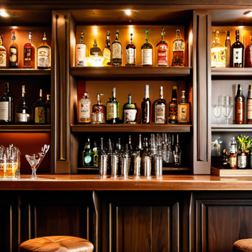 Home 21 **A cozy and inviting home bar setup with warm lighting.** Shelves stocked with various bottles and glassware. A comfortable bar stool sits in front of a wooden bar. Decorative items like travel souvenirs and plants add personal touches. Fully clothed, appropriate content, safe for work, perfect anatomy, natural proportions, professional photography.