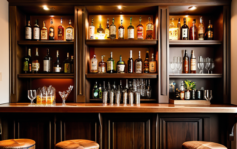 **A cozy and inviting home bar setup with warm lighting.** Shelves stocked with various bottles and glassware. A comfortable bar stool sits in front of a wooden bar. Decorative items like travel souvenirs and plants add personal touches. Fully clothed, appropriate content, safe for work, perfect anatomy, natural proportions, professional photography.