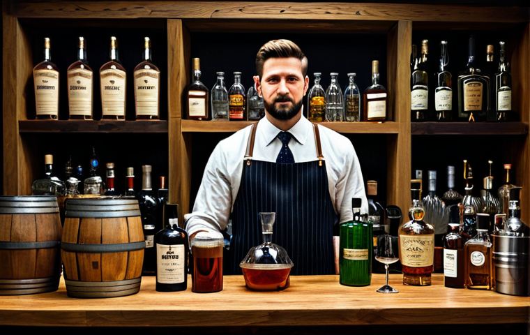 홈바텐더 술 숙성 방법 - Home Bartender's Workspace**

"A well-organized home bar setup featuring various bottles, oak barrel...
